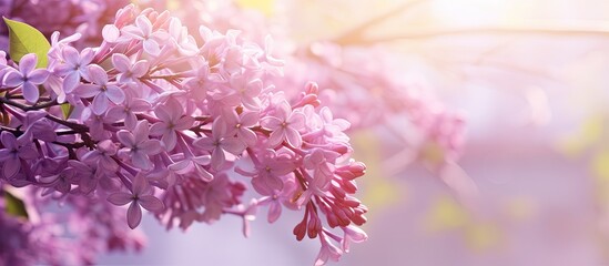 Leinwandbilder - Vibrant lilac blooms in soft purple tones illuminated by warm sunlight on a dry spring day, with gentle bokeh effect in the background.