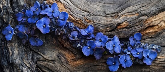 Leinwandbilder - Vibrant blue flowers intertwining with textured brown bark creating a striking natural contrast in a horizontal arrangement on wooden surface.