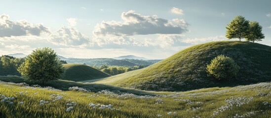 Leinwandbilder - Lush green hills with trees under a partly cloudy sky showcasing vibrant grass and serene landscape with soft blue accents in the background.