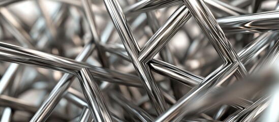 Leinwandbilder - Abstract arrangement of interconnected shiny silver metal rods forming a complex geometric pattern with reflections and highlights on a soft background.