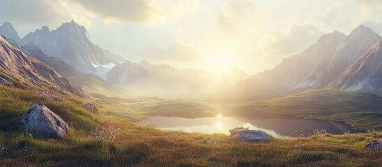 Aufkleber - Dawn mountain landscape with sunbeams illuminating a tranquil lake surrounded by high rocky peaks and vibrant green valleys under a soft sky.
