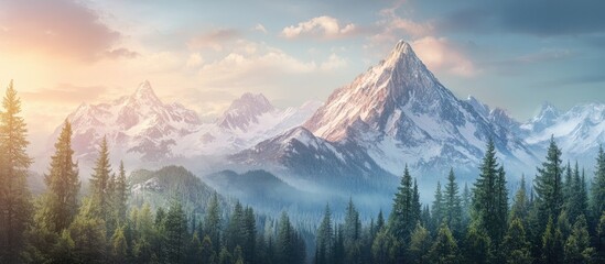 Aufkleber - Majestic mountain landscape at sunrise with vibrant blue skies, snow-capped peaks, green pine forests in the foreground and soft mist in the valleys.
