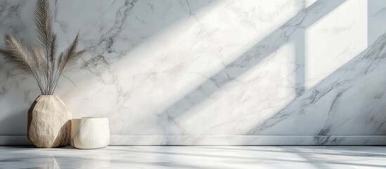 Fototapete - Abstract minimalist interior with white marble wall textures and soft shadows, featuring decorative vases with dried plants on the left side.