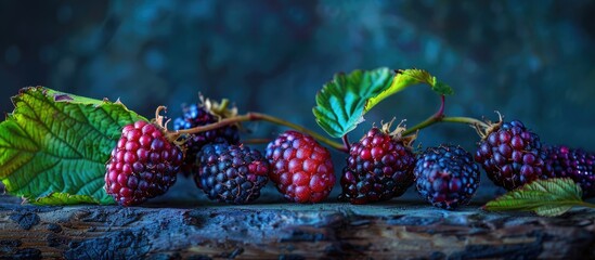 Poster - Vibrant mulberries in deep purple and red hues arranged on a rustic wooden surface with lush green leaves enhancing the natural beauty and freshness