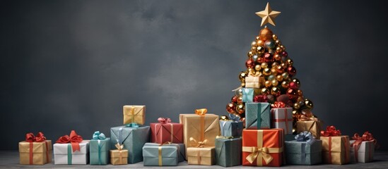 Poster - Christmas scene showcasing a wooden tree adorned with gold stars, surrounded by neatly arranged colorful gift boxes in silver, blue, and red tones.