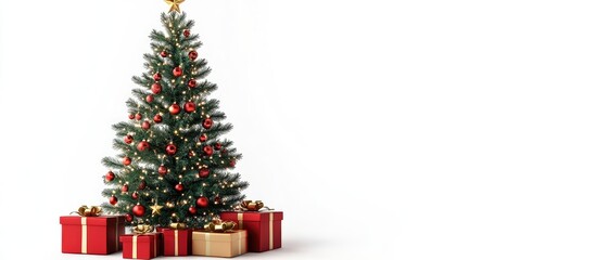 Poster - Festive green Christmas tree adorned with red and gold ornaments surrounded by red and gold wrapped gifts on a bright white background