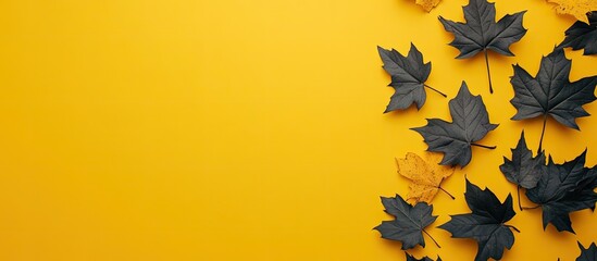 Poster - Panoramic autumn banner showcasing vibrant yellow background with dark green and yellow maple leaves arranged on the left side, perfect for presentations.