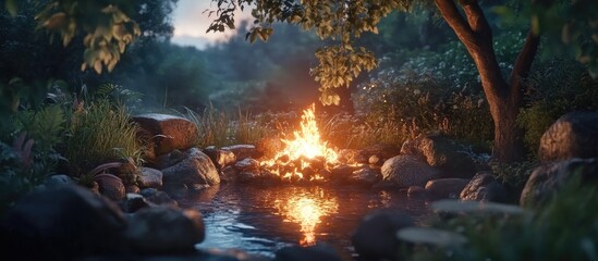 Poster - Tranquil evening scene featuring a vibrant bonfire surrounded by lush green trees and reflective water creating a peaceful atmosphere for relaxation