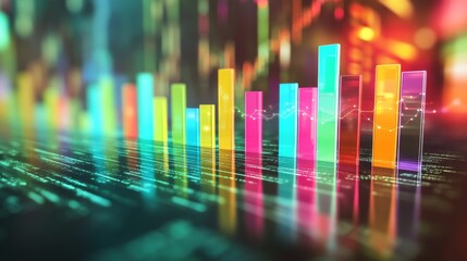 Poster - A D bar chart in vibrant colors representing financial growth, with glowing data points and a futuristic digital background in a business setting.