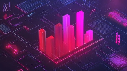 Poster - A D bar graph representing financial data growth, set against a dark background with a digital interface and various financial symbols around it.