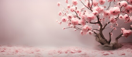 Poster - Blossoming pink cherry tree with delicate flowers on a soft muted background, petals scattered elegantly on the ground creating a serene atmosphere.