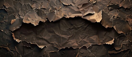 Aufkleber - Abstract black and brown textured background with peeling layers and a central gap, creating a rustic and vintage appearance in dim lighting.
