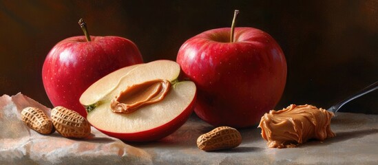 Poster - Red apples partially sliced with creamy peanut butter, surrounded by whole peanuts on textured gray surface, natural light highlights the freshness.