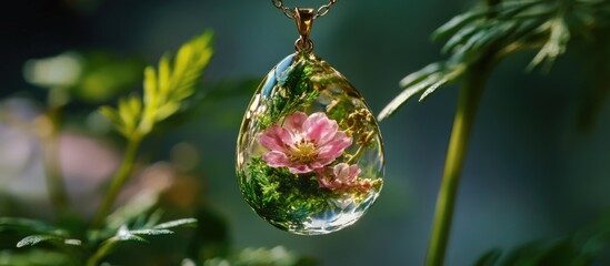 Poster - Epoxy resin teardrop pendant featuring vibrant pink flowers and green foliage, suspended in a lush nature backdrop with soft bokeh lighting.