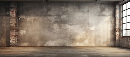 Fototapete - Industrial loft interior with a textured concrete wall and large window, featuring warm beige tones and rustic brick accents, creating a spacious atmosphere.