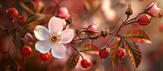 Poster - Delicate pink and white flower with lush green leaves surrounded by vibrant red buds against a softly blurred background in warm tones.