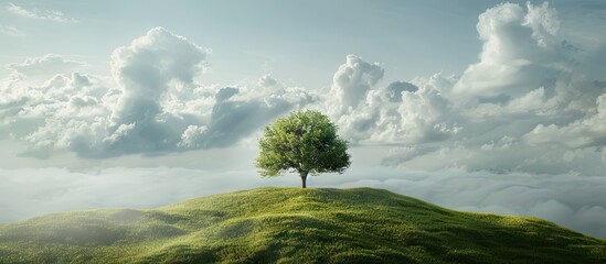 Fototapete - Lone green tree atop a gentle hill under a serene cloudy sky with soft light tones creating a peaceful natural landscape scene.