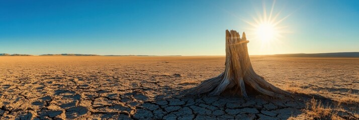 Poster - Dry desert landscape features cracked earth and a lone tree stump under bright sunlight and a clear sky. Generative AI