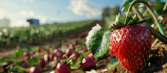 Aufkleber - Vibrant ripe strawberry in focus with lush green leaves in foreground against blurred field and blue sky background showcasing the harvest season