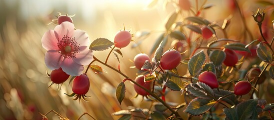 Poster - Delicate pink wild rose flower with ripe red rose hips, set against a warm golden background, capturing sunlight in a serene natural landscape.