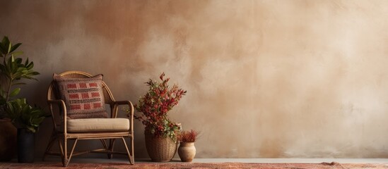 Fototapete - Boho chic interior featuring a wicker chair adorned with patterned cushions beside a flower pot on an antique carpet against a warm textured wall