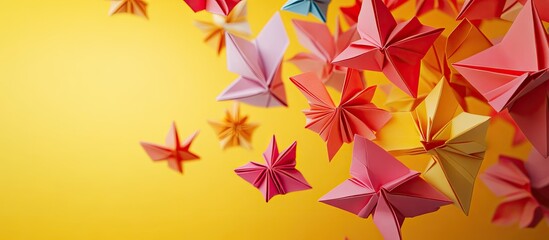 Poster - Colorful origami stars in shades of red, yellow, and pink scattered against a vibrant yellow backdrop, creating a festive and playful composition.