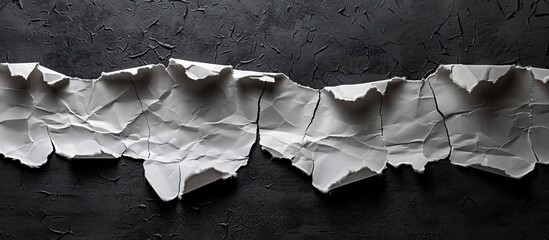 Fototapete - Torn white paper with jagged edges horizontally aligned on a textured black background creating a feedback theme with ample copy space for messages