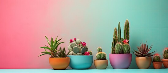 Leinwandbilder - Vibrant interior decor featuring assorted cacti in colorful pots against a gradient pink and teal wall with ample copy space on the right.