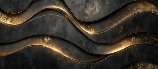 Leinwandbilder - Elegant wavy gold lines on a dark textured background create a rich dynamic design with deep layers and luxurious details in a rectangular format.