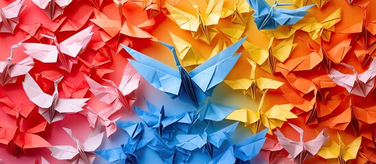 Leinwandbilder - Colorful origami birds in various shades of blue, orange, and yellow arranged against a vibrant red and orange background, creating a lively display.