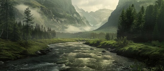 Poster - Serene river winding through lush green valley with misty mountains in background soft natural light ideal for serene landscape copy space image