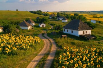 Poster - Sunflower fields surround rural homes on a sunny day in a peaceful countryside setting. Generative AI