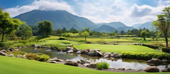 Fototapete - Lush landscaped garden with vibrant green lawns, tranquil rock ponds, distant mountains, and clear blue sky amidst scattered trees and planting plots