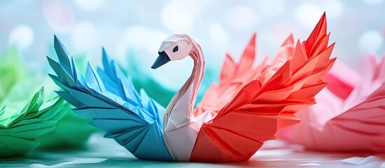 Poster - Colorful origami birds in shades of pink and green with iridescent tails prominently displayed on a soft-focus white background creating a whimsical look