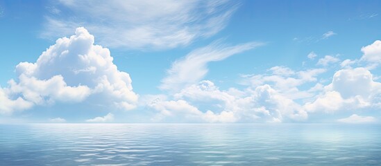 Aufkleber - Serene blue sky with fluffy clouds reflected in calm turquoise ocean water creating a tranquil atmosphere with soft pastel tones throughout