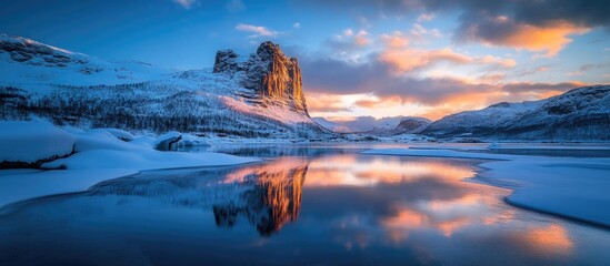 Aufkleber - Serene twilight landscape featuring a reflective icy lake with snowy mountains and soft fog, vibrant orange and blue hues in the sky.
