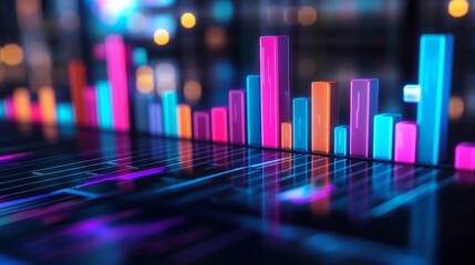 Poster - A close-up of a D bar chart showing business growth and financial trends, with a dark gradient background and reflective surfaces for a sleek look.