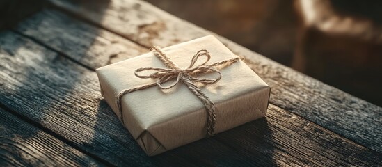 Poster - A beautifully wrapped gift box with a rustic twine bow placed on a weathered wooden surface, softly illuminated by warm sunlight in the background.