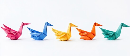 Poster - Colorful origami cranes in a row featuring pink, blue, yellow, orange, and green against a white background showcasing vibrant paper art.