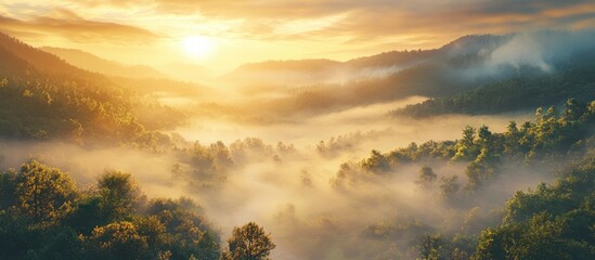Aufkleber - Serene morning mist blankets lush green valleys under a golden sunrise illuminating hills and creating a magical, tranquil ambiance.