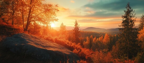 Fototapete - Autumn sunset illuminating mountains with vibrant orange and yellow foliage, large rock in foreground, trees positioned on both sides.