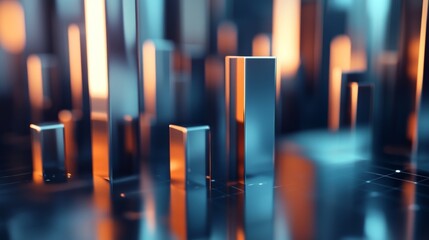 Fototapete - A close-up of a high-tech D bar chart, featuring glossy bars in different heights and glowing accents on a sleek, modern surface.