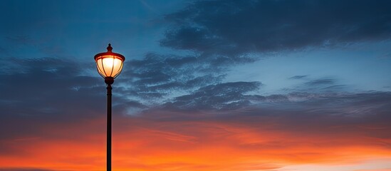 Poster - Vibrant orange streetlamp illuminated against a dramatic twilight sky with deep blue and warm orange hues creating a serene evening atmosphere