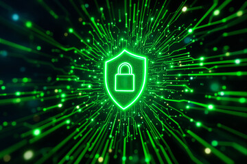 Wall Mural - Cybersecurity shield with glowing lock symbol on digital background.