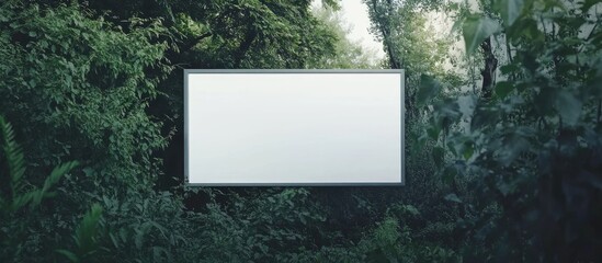 Fototapete - Blank billboard mockup in lush green forest setting, centered with a neutral background highlighting surrounding foliage and natural light.