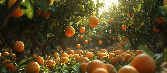 Leinwandbilder - Vibrant orange orchard with sun-drenched trees full of ripe oranges creating a lush, colorful landscape in soft, golden afternoon light.