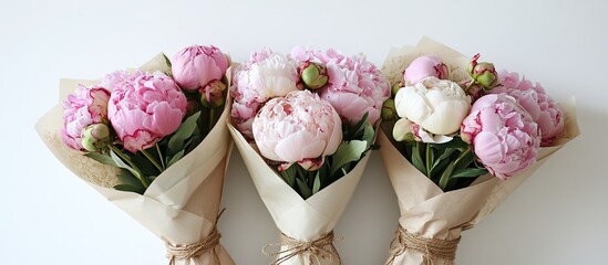 Aufkleber - Elegant bouquets of pink peonies wrapped in kraft paper arranged neatly in a row with fresh green leaves on a white background.