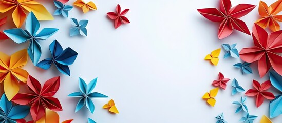 Poster - Colorful origami flowers in red, yellow, blue arranged asymmetrically on a white background creating a vibrant and artistic floral display.