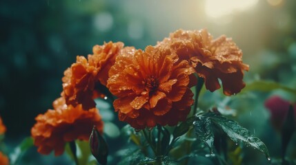 Poster - A close-up of a vibrant orange marigold with droplets of water clinging to its petals, showcasing its rich color and intricate details under soft natural light.