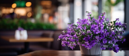 Poster - Vibrant purple flowers in a white pot positioned on a wooden table in a chic restaurant setting with blurred background elements.